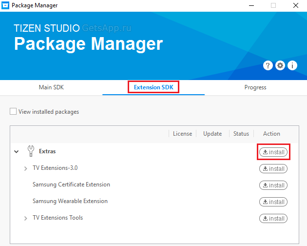 Package Manager Tizen Studio Extra